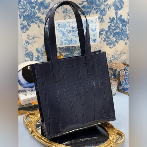 🆕 TED BAKER 🧿 NWOT REPTCON Navy Croc-Embossed Small Icon Tote Bag - Picture 2 of 15